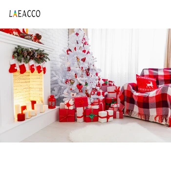

Laeacco Christmas Backdrops Brick Wall Fireplace Socks Candles Tree Gifts Photography Backgrounds New Year Photophone Photocall