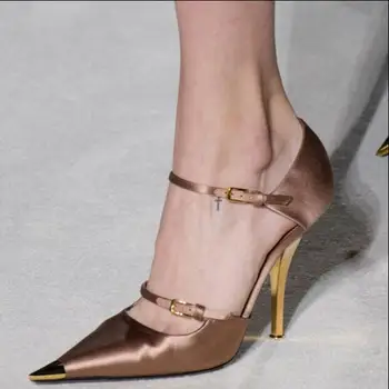

Strap Buckles Silk Pumps Women Party Wedding Shoes Metal Pointed Toe One Buckle High Heels Luxury Elegant Lady Thin High Heels