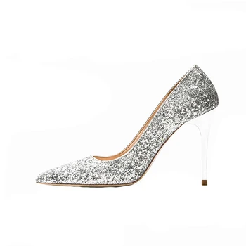 

Spring and autumn new large size bridal shoes bridesmaid sequins high heels stiletto pointed silver crystal shoes