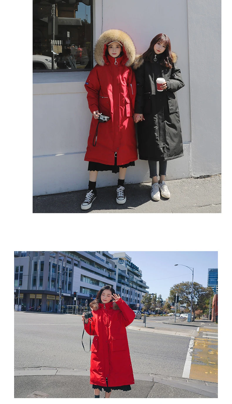 Red Parkas Women Long Jacket New Winter Warm Down Coat Female Overcoat Fashion Loose Coat Fur collar Hooded Jacket WM133
