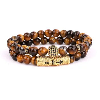 Fashion men beads bracelet 2pc set natural stone A grade tiger eye CZ ball beaded bracelet men