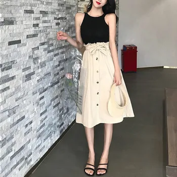

Spring Summer Skirts Womens 2020 Midi Knee Length Elegant Button High Waist Skirt Female Pleated School Skirt