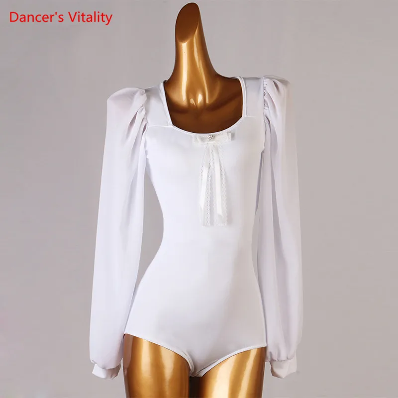 

Костюм для латиноамериканских танцев, шифоновые Комбинезоны с рукавами-фонариками, одежда для выступлений, профессиональная одежда на заказ для взрослых и детей, одежда для соревнований