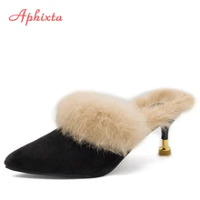 Aphixta/шлепанцы с натуральным мехом на каблуке 7 см; женские Вьетнамки; женская обувь на тонком металлическом каблуке; Mujer; женские шлепанцы с острым носком и мехом животных