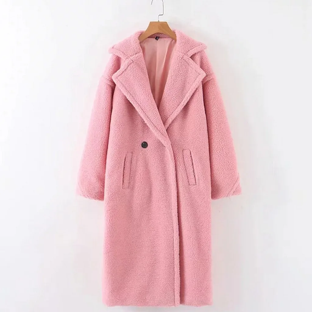 Pink Зимнее женское длинное пальто, верхняя одежда, однотонный длинный рукав, мех ягненка, лацкан, теплое плюшевое пальто, куртка с отложным воротником, женское длинное пальто - Цвет: Pink