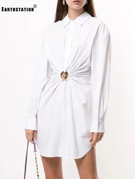 

Free shipping lapel pleated Zou waist waist hollow metal ring decoration long shirt women's autumn new fashion personality wild