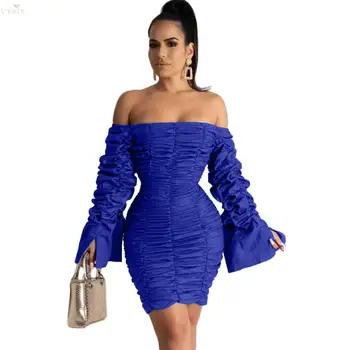 

Women Spring Mini Dress Full Flare Sleeve Sexy Dress Night Clubwear Draped Vintage Dress Femme Bodycon Dress Women Party Dresses