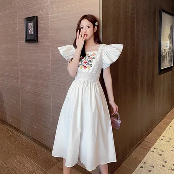 

Korean Sweet Square Collar Dresses Sleeveless Ruffle Slim High Waist Vestido Summer Floral Embroidery women Dresses Flare Sleeve