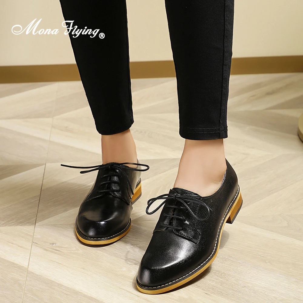 Mona Flying Women Genuine Leather Solid Oxfords Saddle Derby Handmade Comfort Flats Lace up Shoes for Work Office Ladies FLX20-1