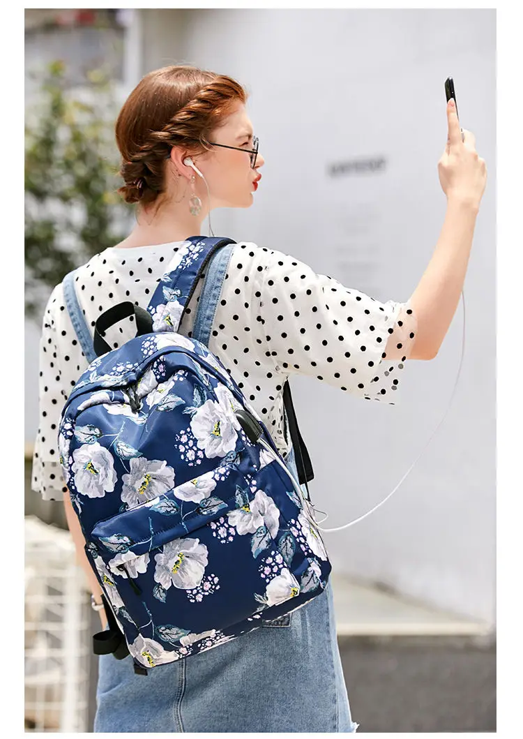 Nylon School Backpacks for Women Bags Ladies Backpack Fashion Designer Female Laptop Backpack Flower Print Teen Girls Book Bags