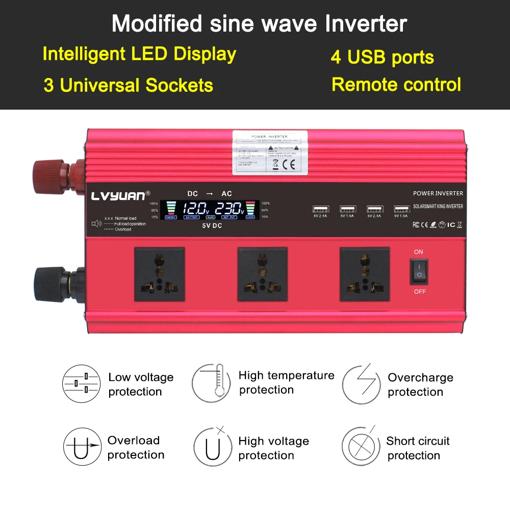 US $139.99 12000w Lcd Power Inverter Dc 12v To Ac 220v 230v 240v Wireless Remote Control Charg Adapter Voltage Converter Universal Socket