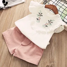 

Two-piece Girls Clothing Sets Summer 2022 Baby Girls Floral Embroidery Short Sleeve T Shirts Tops with Shorts Kids Clothes Suit