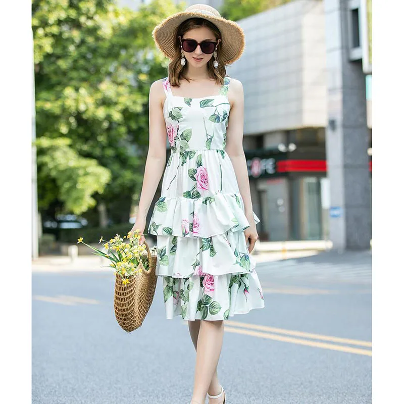 

Women Runway Dress High Quality Summer Sleeveless Floral Printed Spaghetti Strap Dress Casual Beach Dresses NP1084N