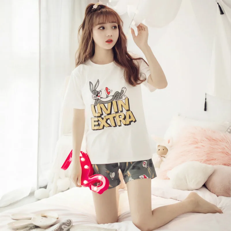 Summer women's thin section cute cartoon sleepwear shorts+ short-sleeved shirt pajamas set comfortable casual nightwear two-pie