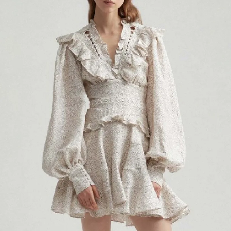 

Fashion Designer Women's Mini Aline Dress Printed Retro Court Style Ruffles Patchwork Dresses Autumn Sexy V-neck Hollow Vestidos