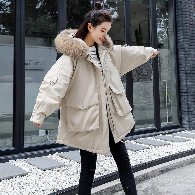 

2019 New Style WOMEN'S Dress Winter down Jacket Cotton-padded Clothes Fur Collar Korean-style Loose-Fit Students down Coat Mid-l