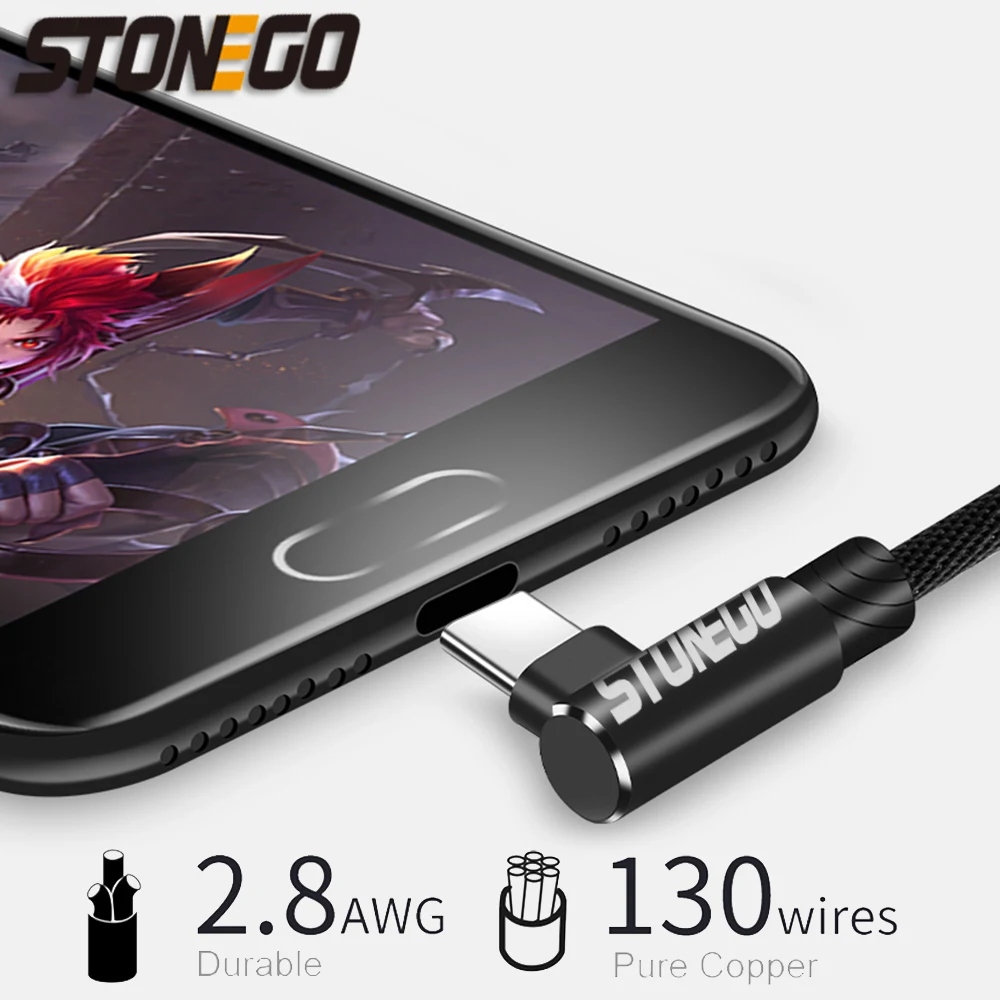 STONEGO Micro USB кабель 2A быстрое зарядное устройство USB TYPE C кабель Шнур 90 градусов локоть нейлоновый кабель для передачи данных Android телефон 1 м 2 м 3 м