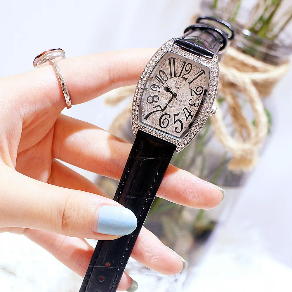 

Cool Retro Fashion Genuine Product with Numbers Barrel-Type Quartz Leather Belt Diamond Set Students Watch