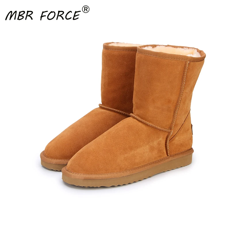 MBR fuerza genuino clásico de cuero de vaca botas de nieve 100% de lana de las mujeres botas zapatos de invierno de las mujeres gran tamaño 34-44