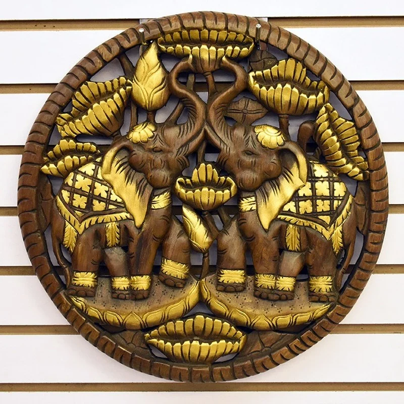 

Thai carved board elephant wood carving hollow teak carved solid wood Southeast Asian style living room porch decoration pendant