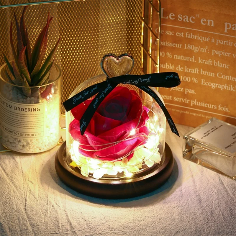 

Love Glass Cover Simulation Rose Lighting Decoration Valentines Day Gift Rose In Glass Dome With Lights Decoration Crafts