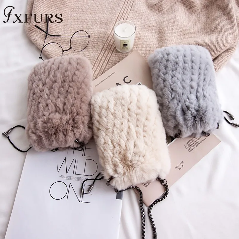 

2019 New Rex Rabbit Fur Small Bag Mini Vertical Chain Fur Mobile Phone Bag Female Fashion Single Shoulder Crossbody Bag