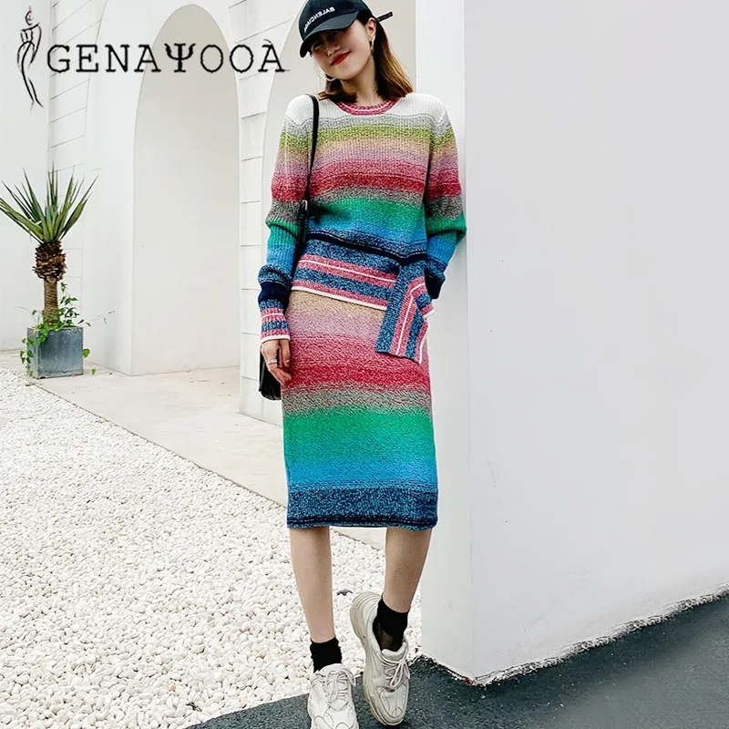 

Genayooa Rainbow O Neck Two Piece Set Top And Skirt Knitted 2 Piece Set Women Matching Sets For Women Autumn Winter Sweater Suit