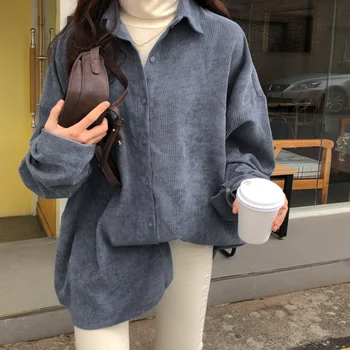 

2020 Spring And Autumn New Youth Popular Solid Color Corduroy Loose Long-sleeved Shirt Fashion Casual Top Gray / Blue / Khakiop