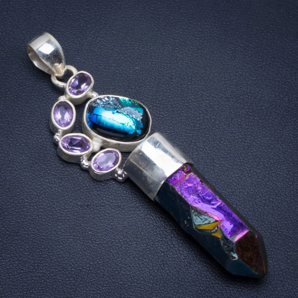 Natural Rainbow Dichroic Glass And Amethyst Handmade Unique 925 Sterling Silver Pendant 2.75" B3109 | Украшения и аксессуары