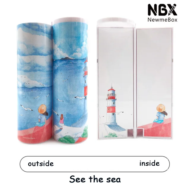 NBX Long style pencil cases box with calculator Suitable for use in boys Useful Anti-fall health With small mirror pen box Gifts - Цвет: See the sea