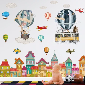 

Cartoon Small Town Wall Stickers Kids room Nursery Wall Decor Hot air balloon Vinyl DIY Wall Decals Eco-friendly Murals Poster