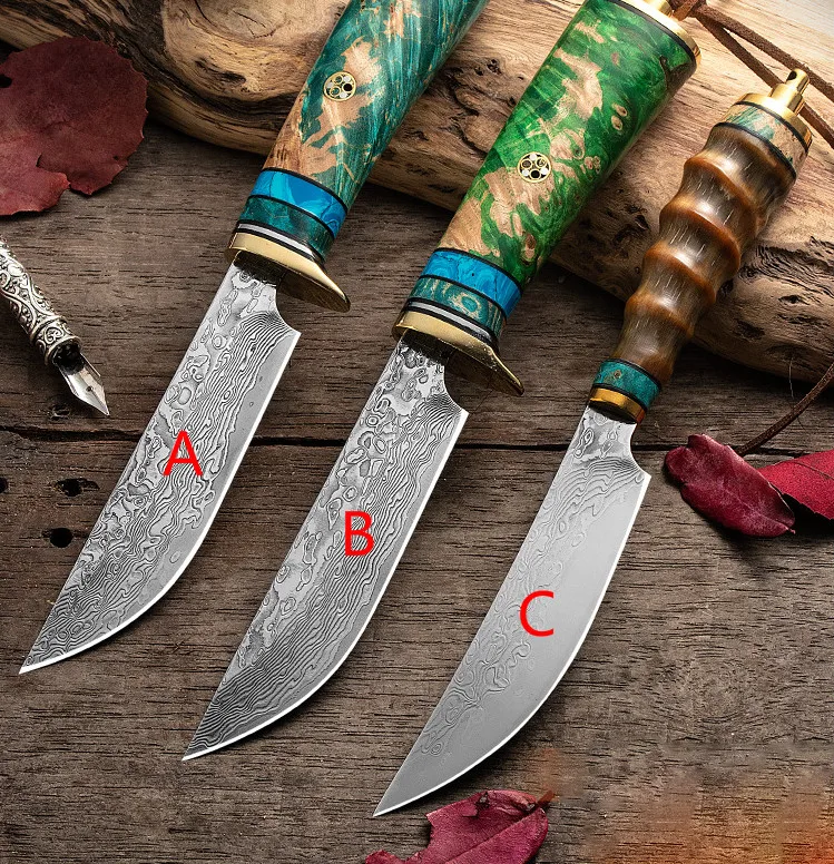 3 styles Fixed Blade Survival Straight Knife VG10 Damascus Steel Blade Solidified wood Handle With Leather Sheath fruit knife