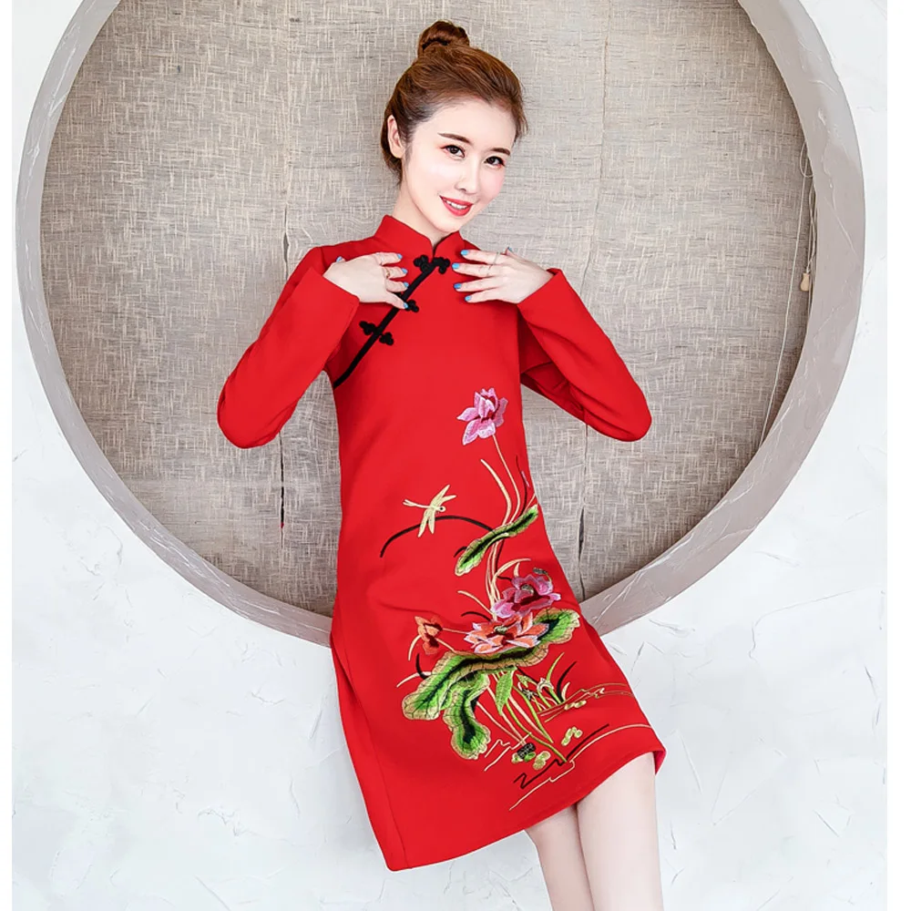 Длинный рукав, осень зима, чонсам, китайский стиль, платье, элегантное, стройнящее, размера плюс, Ципао
