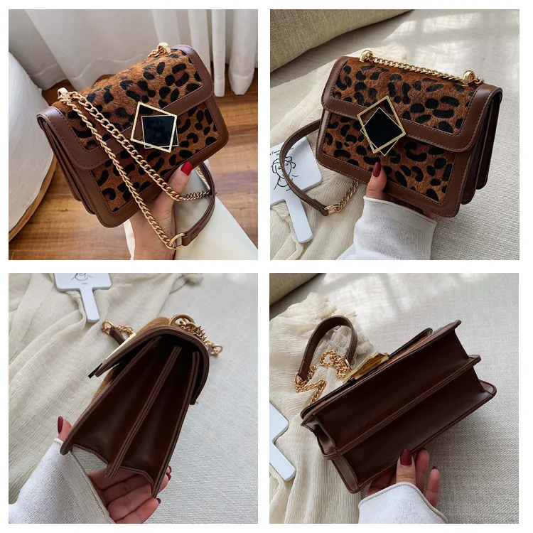 

New Style WOMEN'S Bag 2019 Autumn Leopord Pattern Square Sling Bag Simple Western Style One-Shoulder Cross-body Woolen Bag