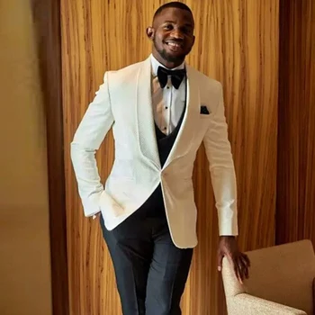 

White Wedding Tuxedos for Prom Men Suits 3 piece Jacket Vest with Black Pants Slim fit African Fashion Clothes Set 2020 Costumes