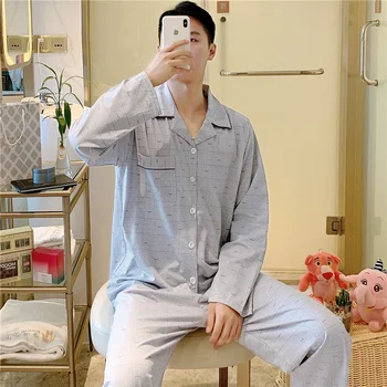 

2020 Autumn Korean Long Sleeve Pajama Sets for Men Cotton Sleepwear Suit Nightwear Male Loungewear Pyjamas Homewear Home Clothes