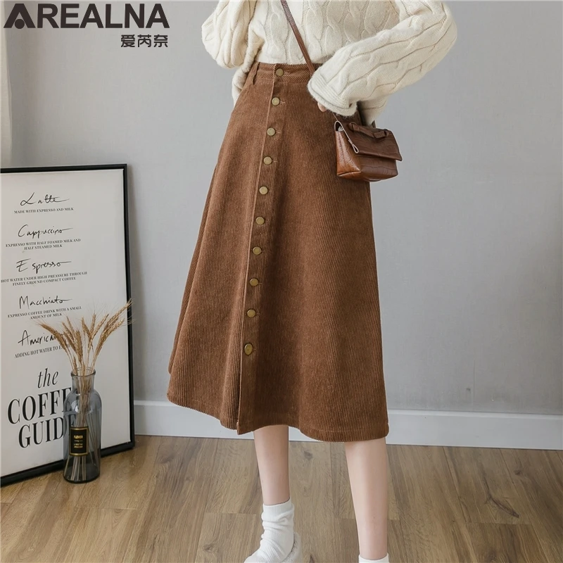 90's 00's Maxi Size Winter Small Size Teacher Skirt Gifts For Her Vintage Beige Velvet High Waist Long 100% Cotton Buttoned  Women's Skirt