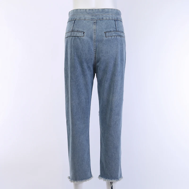 Модные женские Прямые рваные джинсы для мамы, женские синие джинсовые штаны, рваные джинсы с высокой талией, большие размеры 5XL