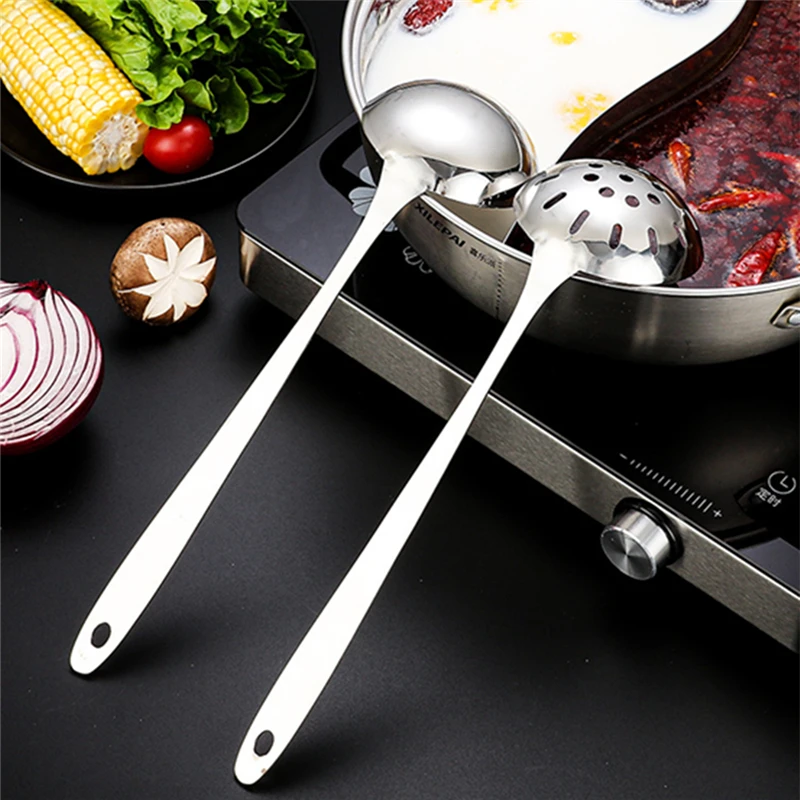 Stainless Steel Spoon Stainless Steel Soup Spoon Colander Kitchen Long Handle Tableware Hot Pot Soup Ladle Ramen Noodles Tablespoons Home Utensils