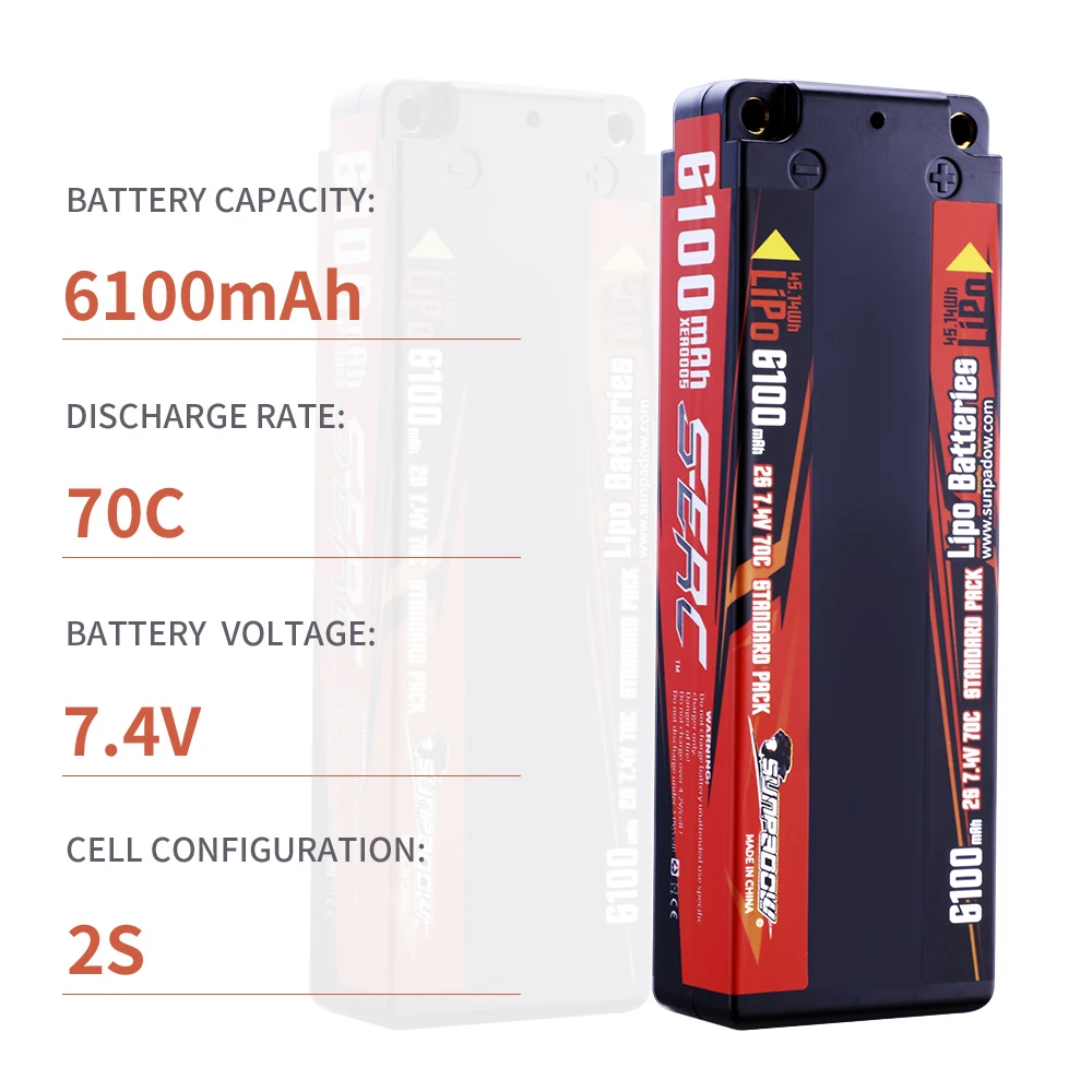 Sunpadow 7.4V 2S Lipo Battery for 6100mAh 70C Hard Case with  4mm Bullet with RC Truck Car Truggy Trains Buggy Vehice Hobby