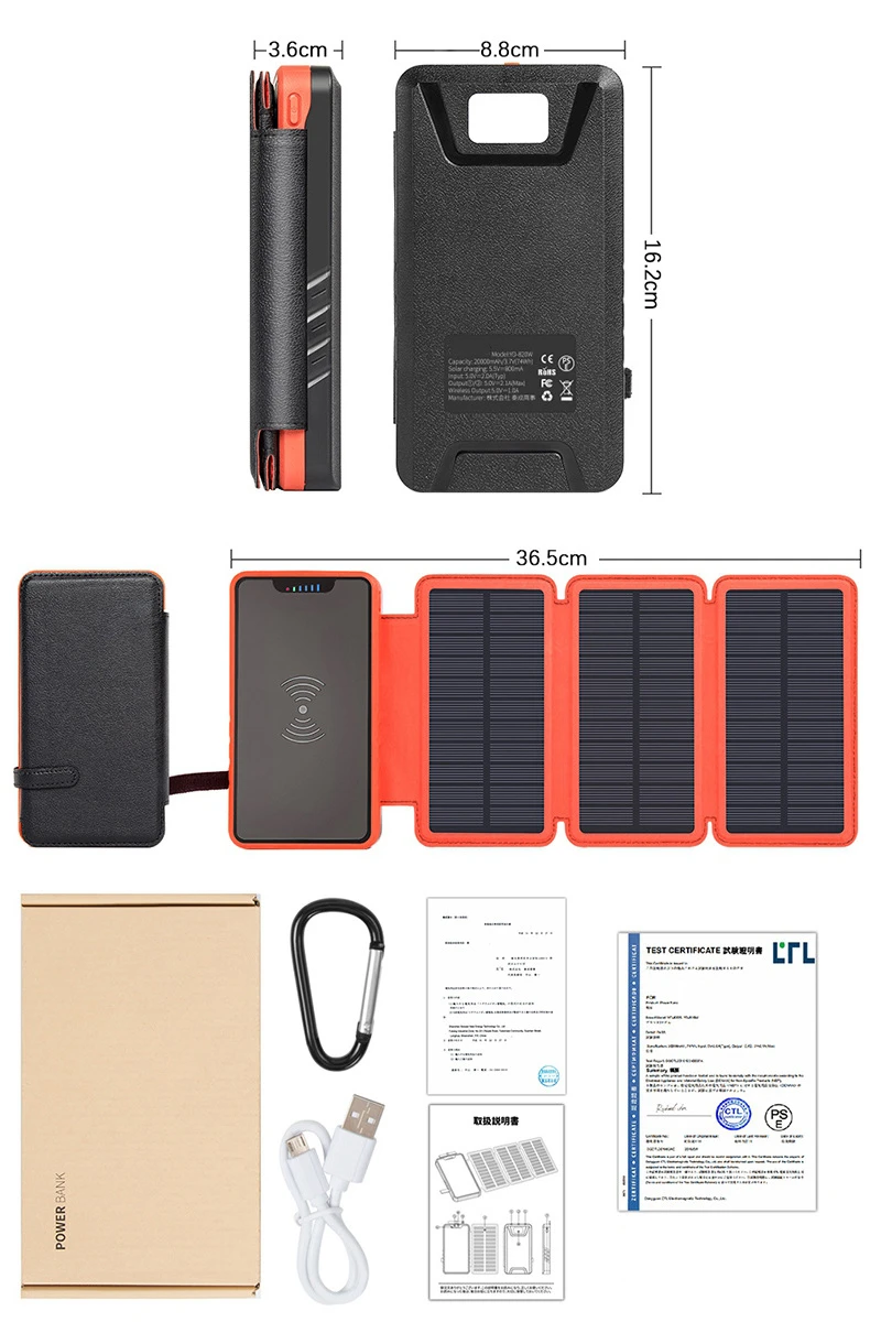 Wireless Power Bank 20000mAh Qi Wireless Charger Portable Solar Powerbank For iPhone 11 pro Samsung Tablet Waterproof Poverbank charging bank