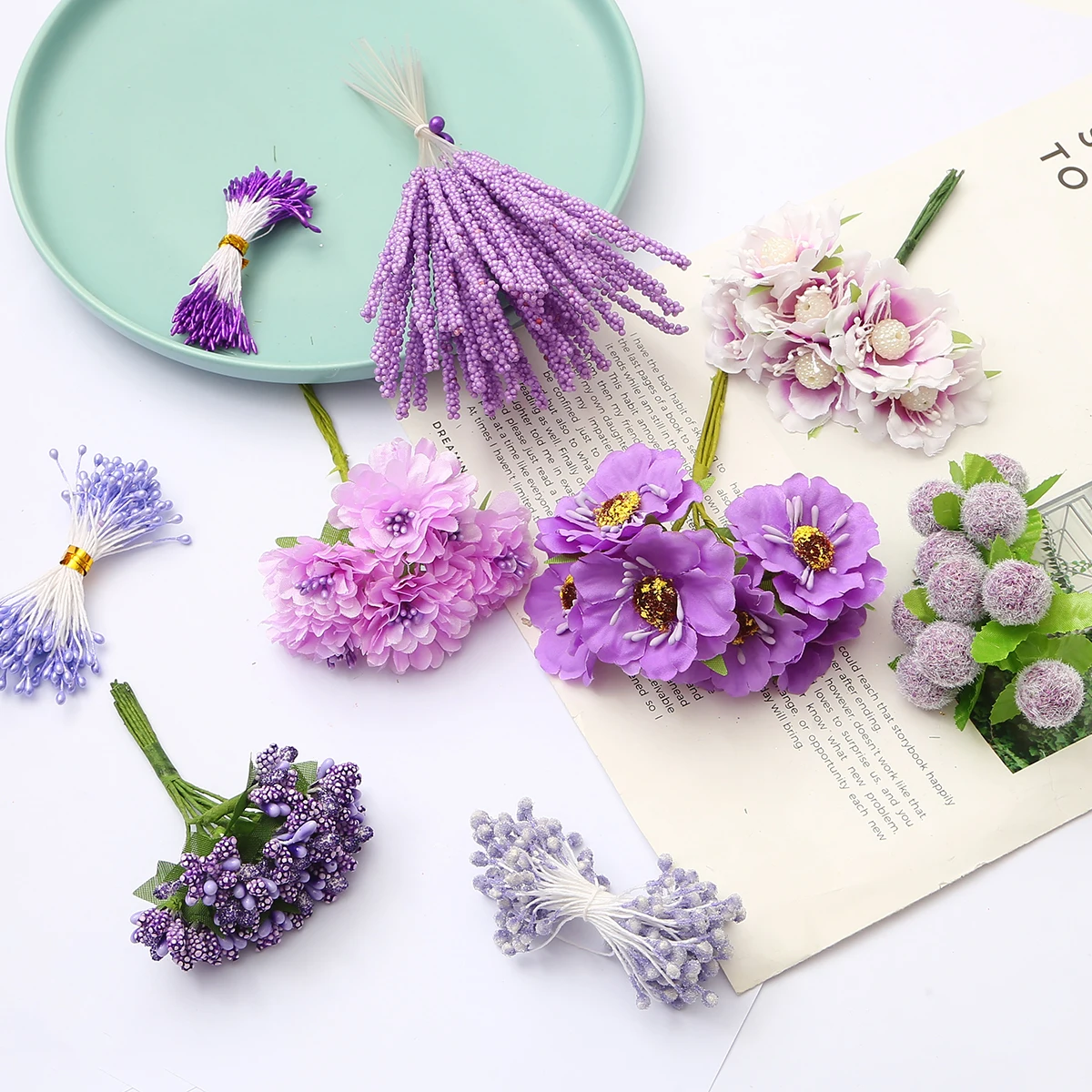 Purple Flower Cherry Stamen Berries Bundle for DIY Decor and Crafting