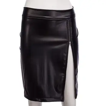 

Fashion Sexy Solid Color Faux Leather Zipper Slit Middle Waist Women Slim Skirt