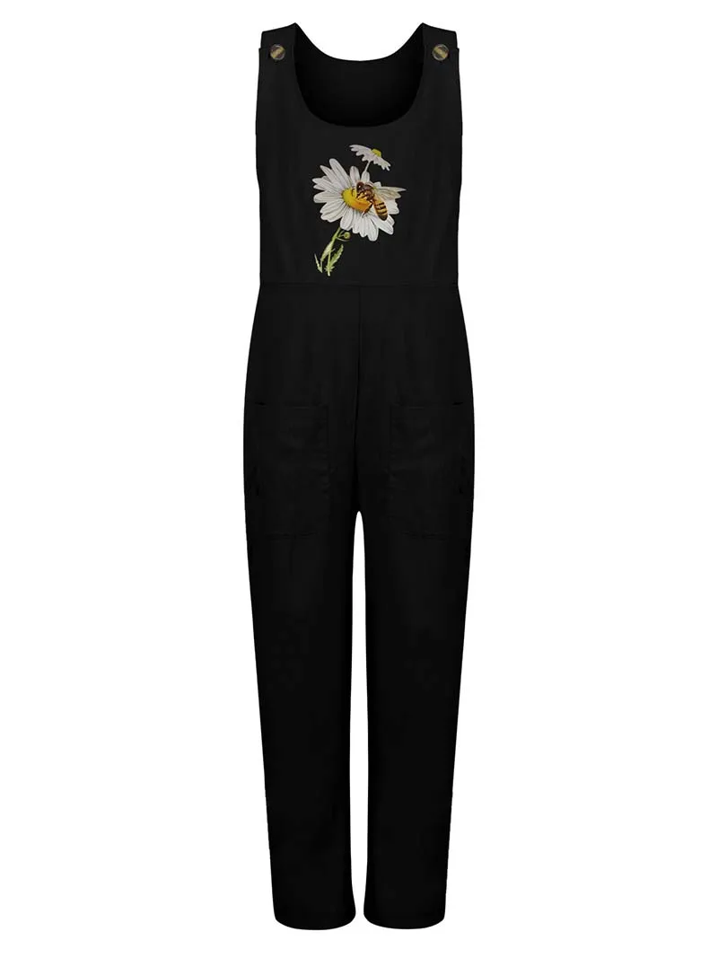 Womens Dungarees Print Rompers 2021 Summer New Ladies Casual Loose Linen Cotton Jumpsuit Sleeveless Pocket Overalls Playsuit