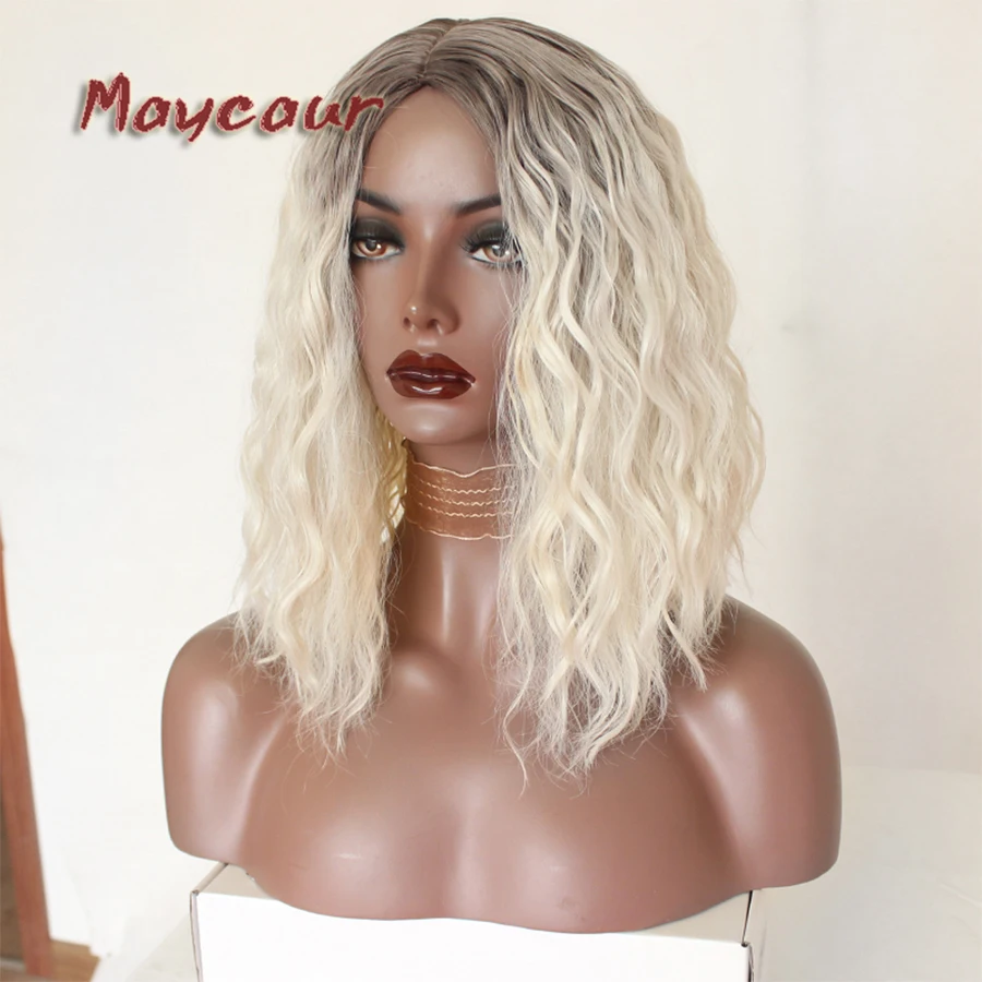 Maycaur 2 тона цвета коричневый/белый Короткие Волнистые Боб парики средняя часть синтетические волосы парики термостойкий парик для черных женщин
