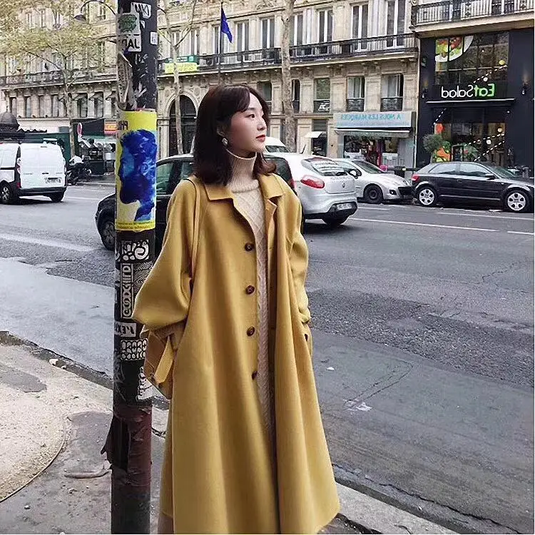 New Autumn and Winter Turn Down Collar Single-Breasted Long Women double-sided wool Solid color with belt coat Coat
