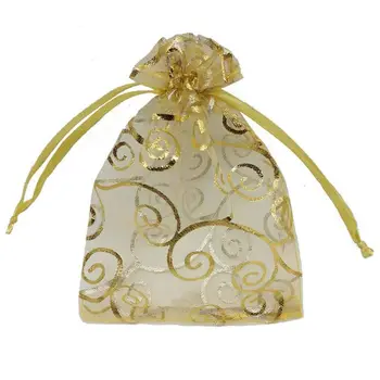 

100pcs Sheer Organza Favor Bags for Wedding Baby Shower Rattan Print Gift Bags Samples Display Drawstring Pouches (5x7 inch, Gol