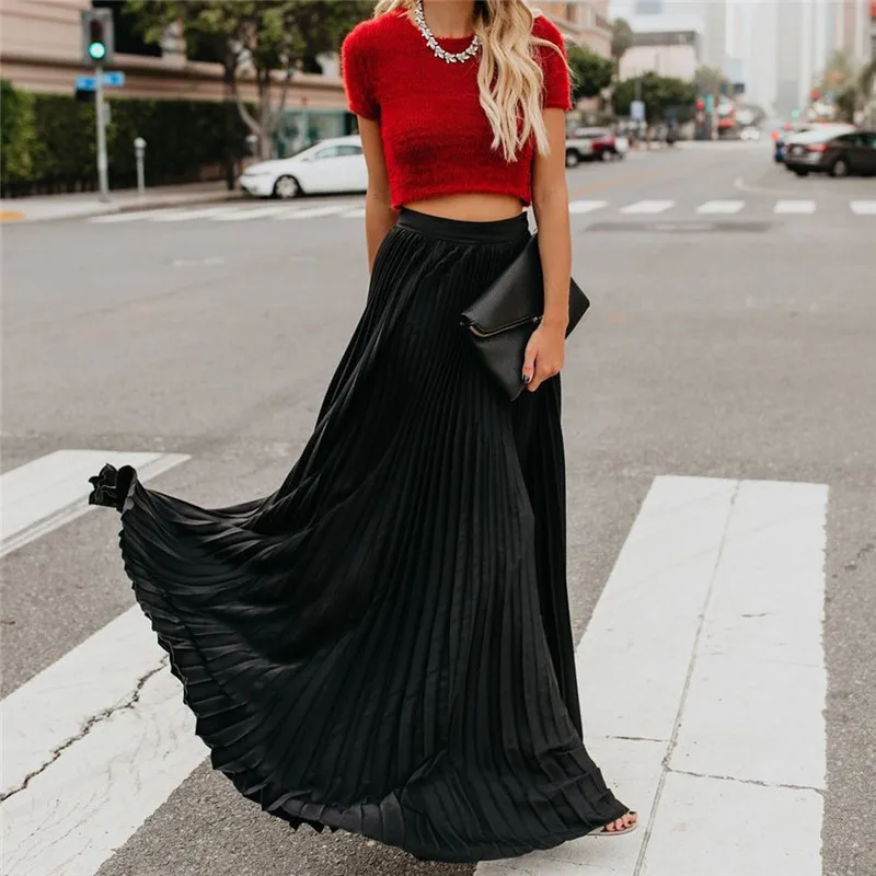 Women's Skirt Pleated Chiffon Solid Color Skirt Ladies Loose Green Black Pink Woman Clothes High Waist Skirt Womens Skirts Long
