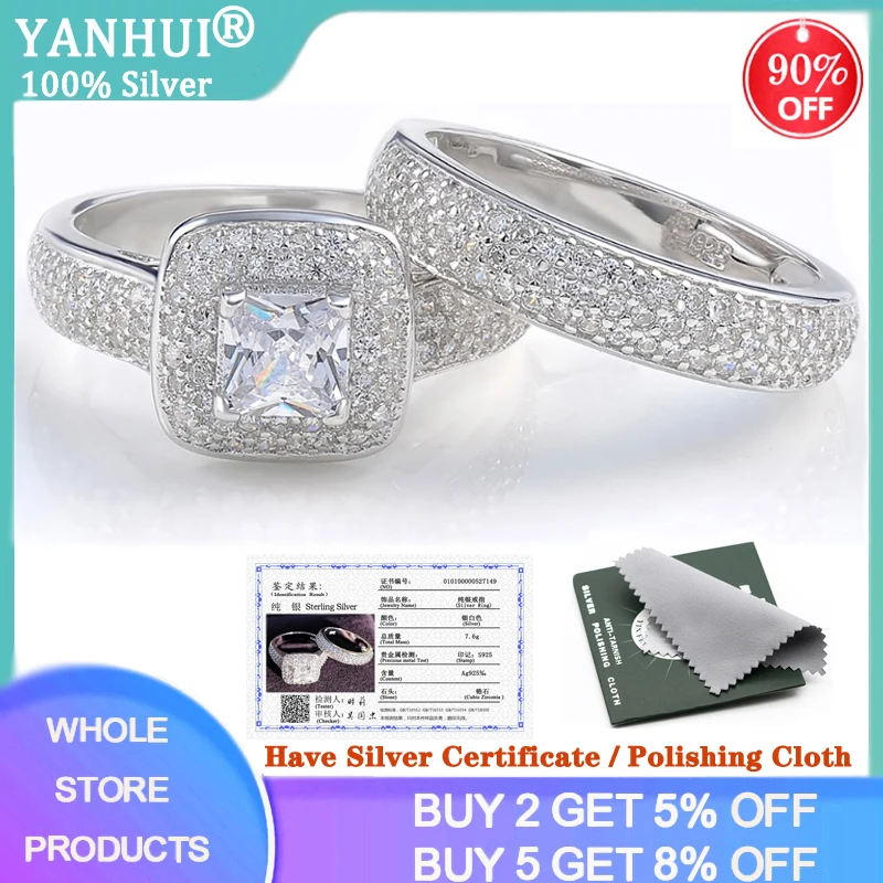 

With Certificate Luxury 925 Sterling Silver Ring Set Wedding Bands For Bridal Women Ladys Couple Pair Rings Fine Jewelry DR149