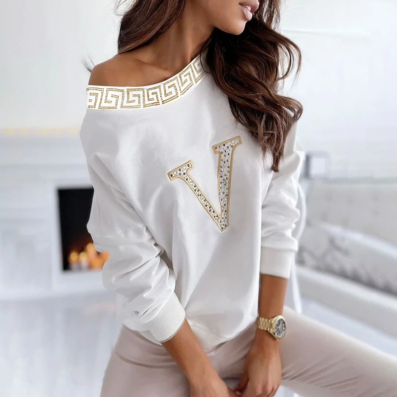 2021 Autumn Women Sexy White Round Neck Fashion T-shirts Daily Wear One Shoulder Rhinestone Letter Long Sleeve Casual Top